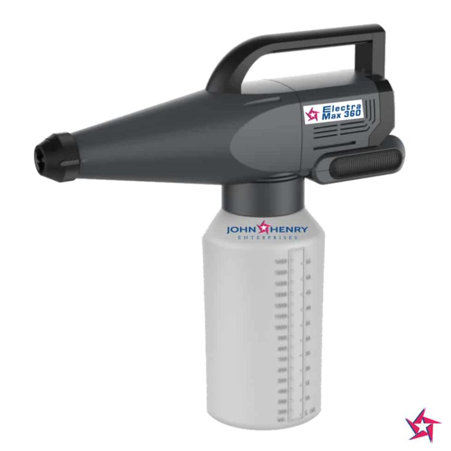 A digital image of a John-Henry Enterprises "Electra Max 360" handheld heat gun with an attached white measuring container.
Product Name: Electra Max 360
