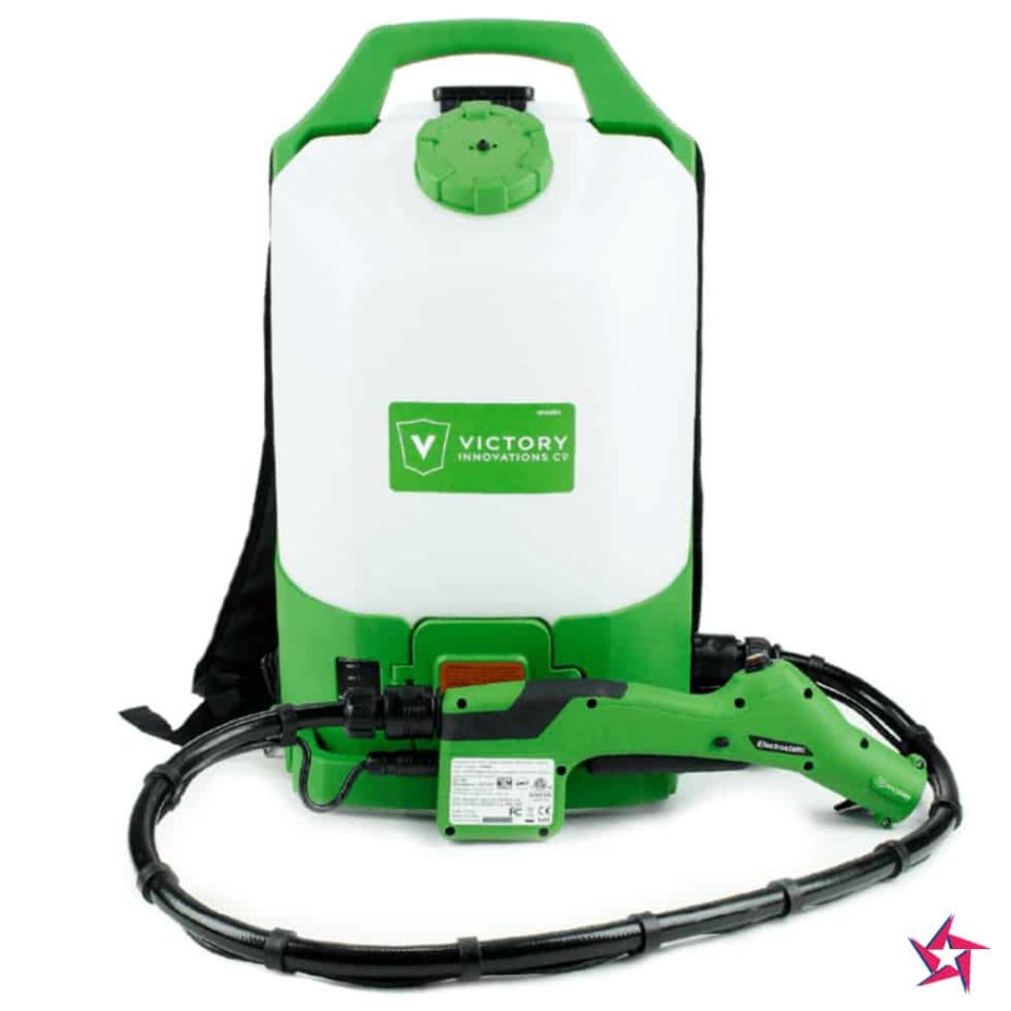 A green and white store-feature cordless electrostatic backpack sprayer with a hose and nozzle, displayed against a white background.