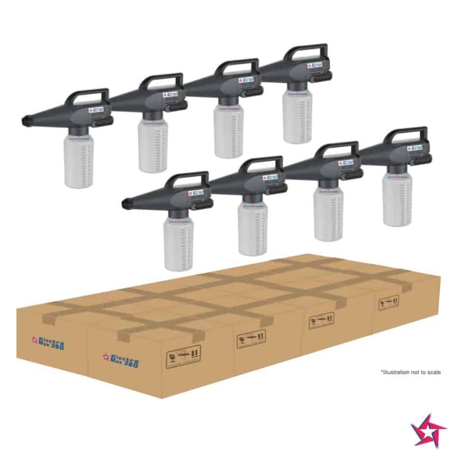 Illustration of multiple _store-feature butane torches above a master carton, each with a gray body and white fuel canister, labeled with digital displays.