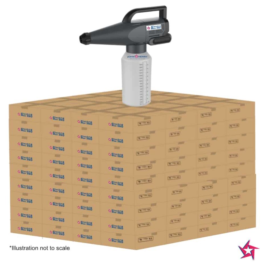 An illustration of a handheld _store-feature barcode scanner being used on a stacked pile of cardboard boxes, with a note "illustration not to scale" at the bottom.