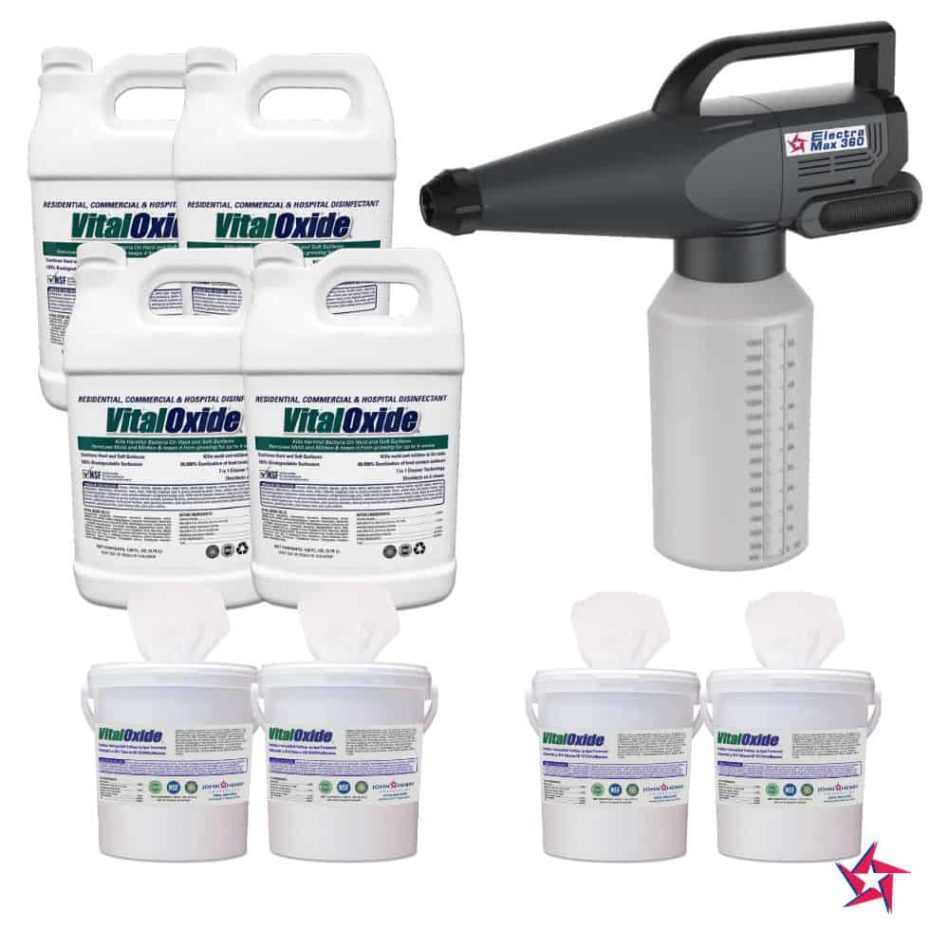 Three jugs and three buckets of vital oxide disinfectant, alongside a spray applicator gun, displayed on a white background with a red star logo.