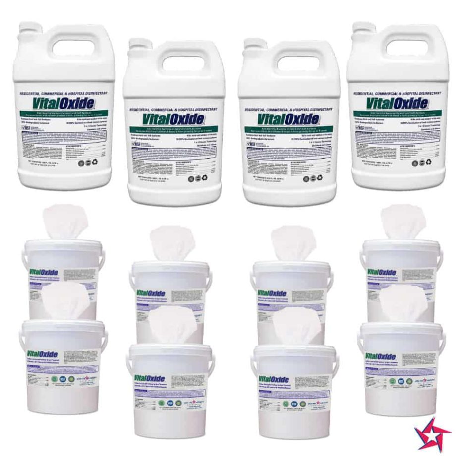 Eight containers of 3-containers cleaning products arranged symmetrically, with four jugs on top and four buckets below, all labeled clearly.