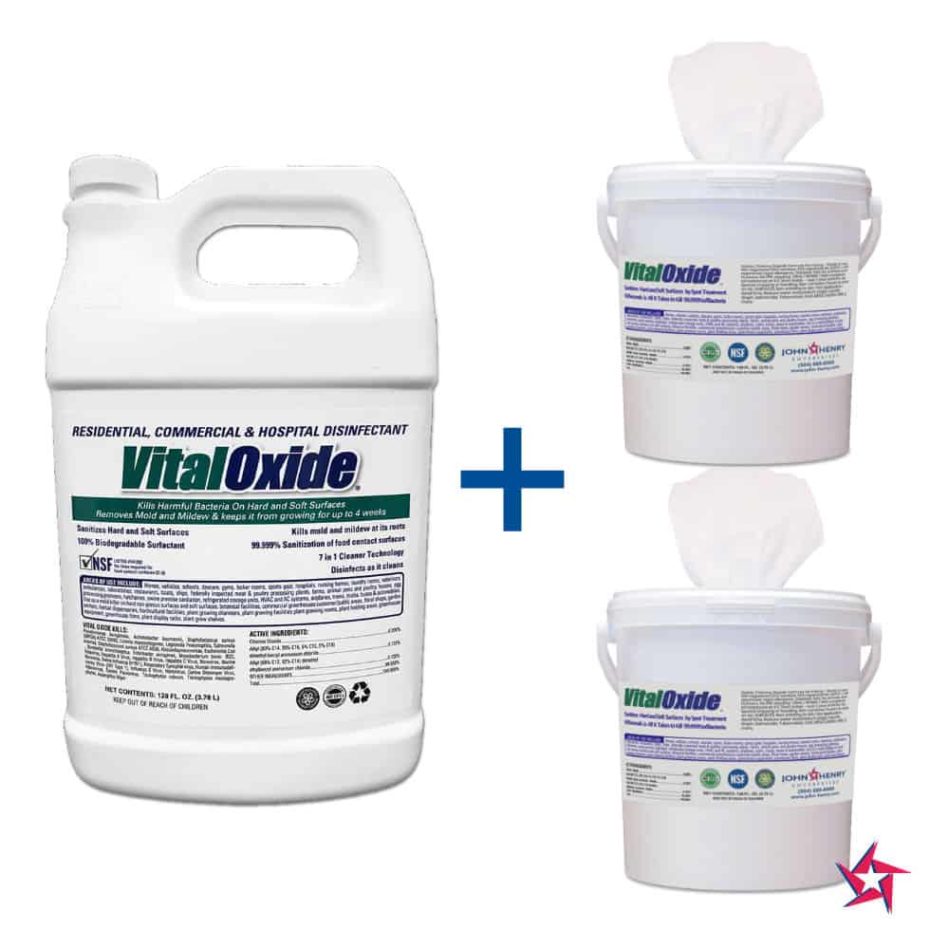Three containers of vital oxide disinfectant, one large jug and two smaller buckets with lids, plus a symbol indicating combination, against a white background.