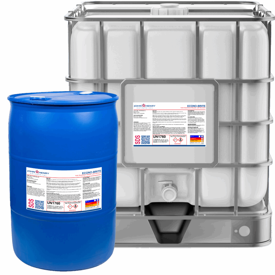 ECONO-BRITE, Acid Aluminum Cleaner and Restorer in a blue industrial drum and a large gray chemical storage container, labeled with hazard info, stand side by side—ideal for storing products such as 2025-ECONO-BRITE_product-web.